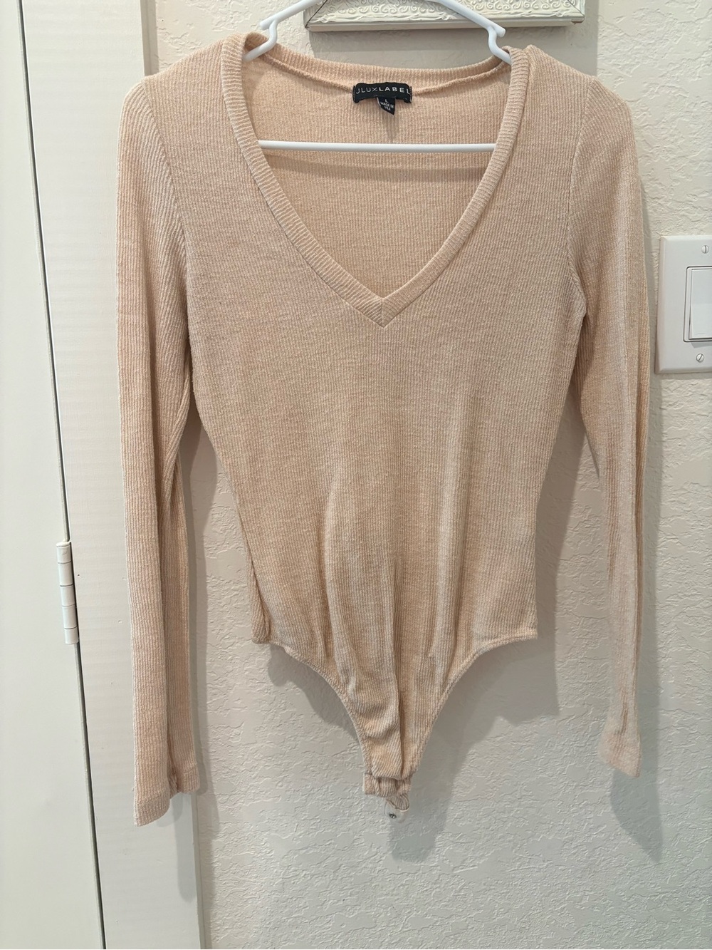 JLuxlabel Cream Ribbed V-Neck Long Sleeve Bodysuit